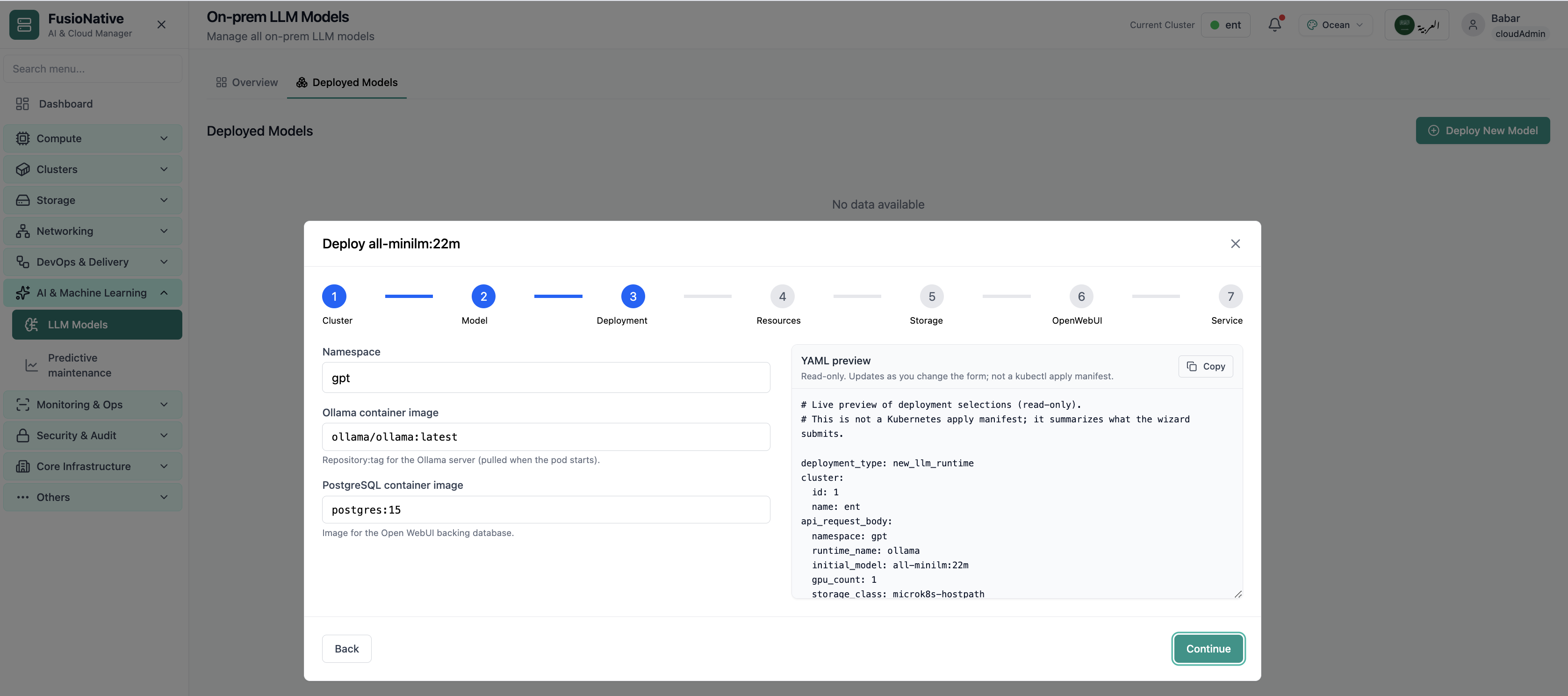 LLM deployment configuration step.